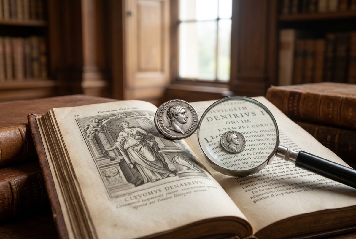 An ancient coin and magnifying glass resting on an antique reference book.
