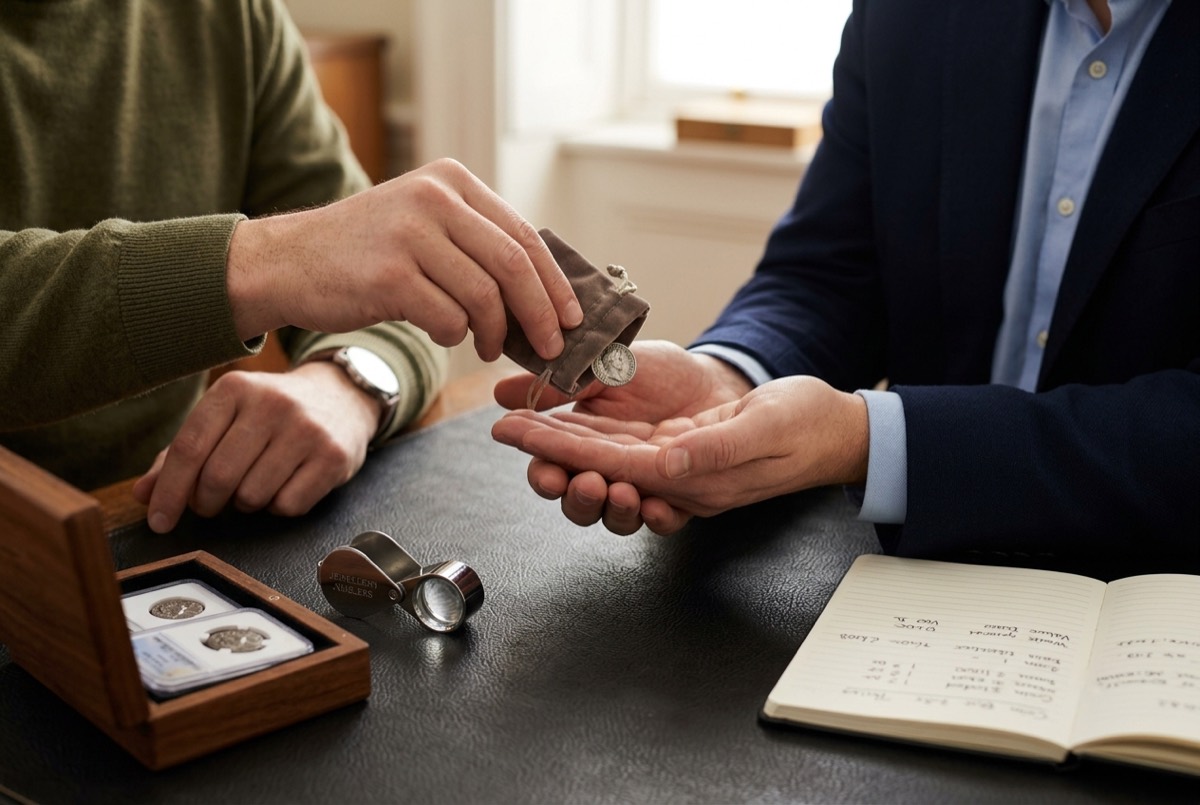 A specialist handing a coin to a client across a desk.