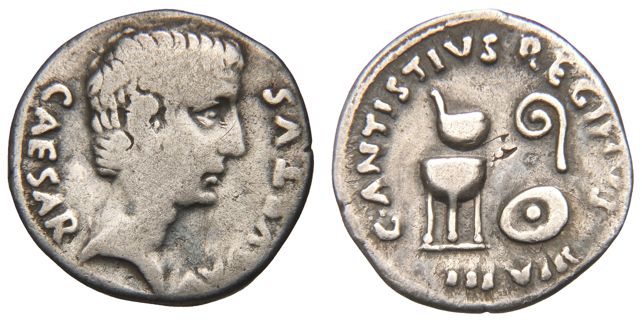 A denarius of Augustus, first of the Twelve Caesars.