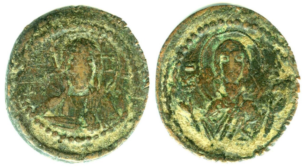 A large Byzantine bronze follis with its mark of value.