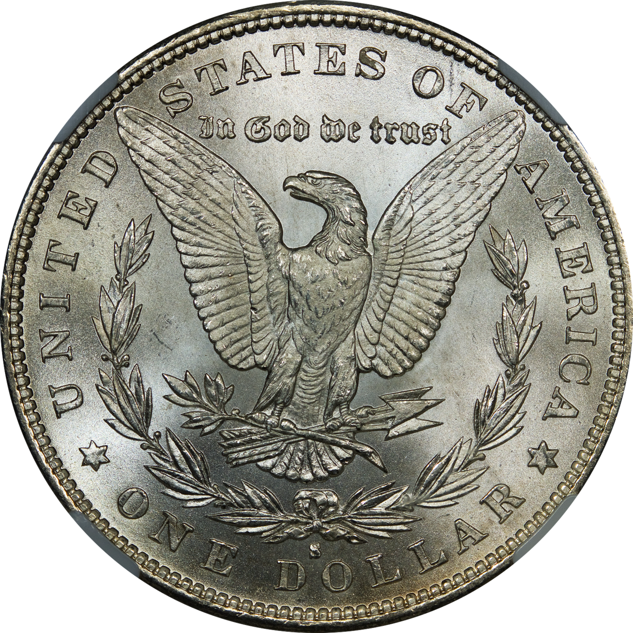 An 1880s Morgan silver dollar.