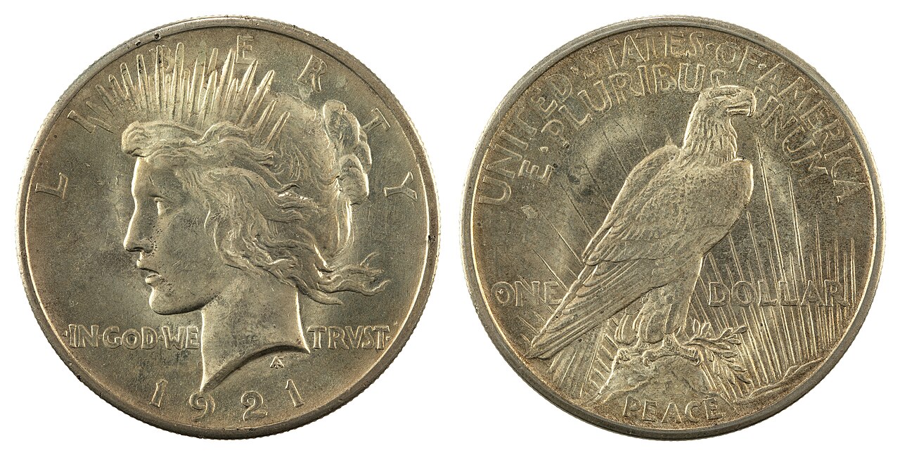 A Peace silver dollar, struck 1921–1935.