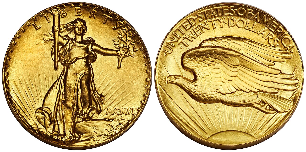 A Saint-Gaudens double eagle, graded on the Sheldon scale.