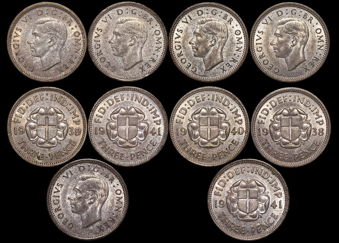 Great Britain, George VI, Silver Threepences 1938–1941 UNC (lot of 5)