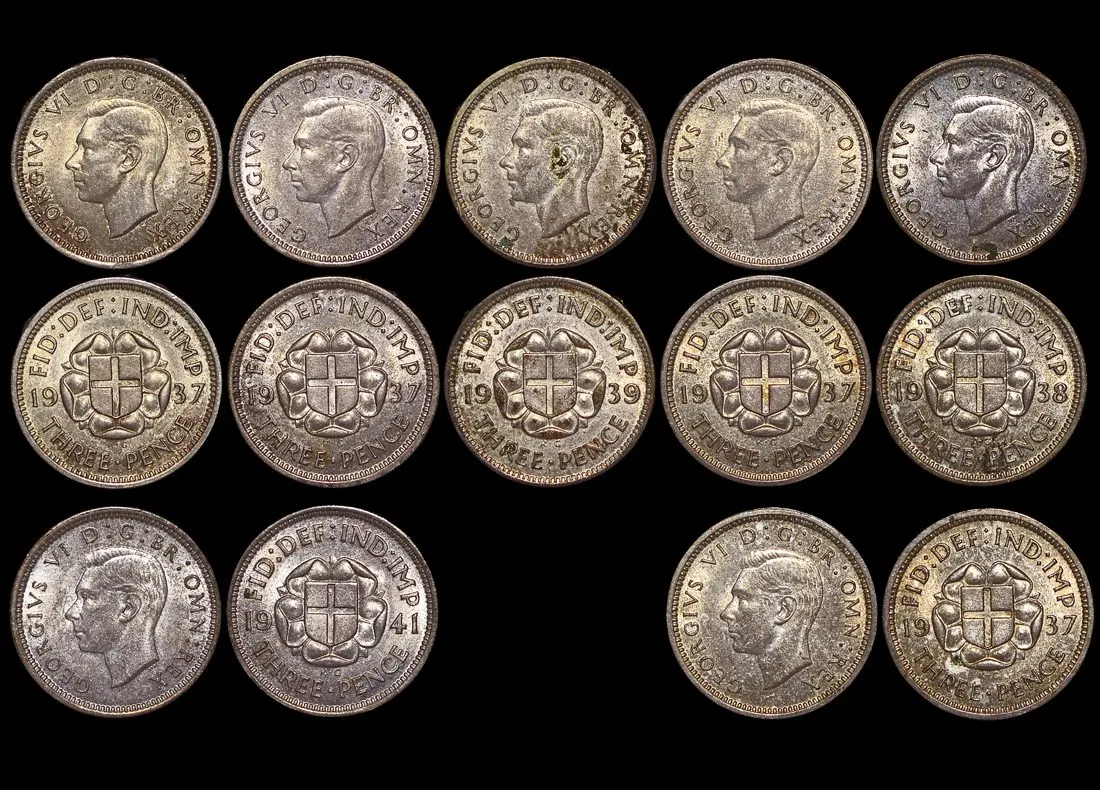 Great Britain, George VI, Silver Threepences 1937–1941 UNC (lot of 7) — photo 1 of 1